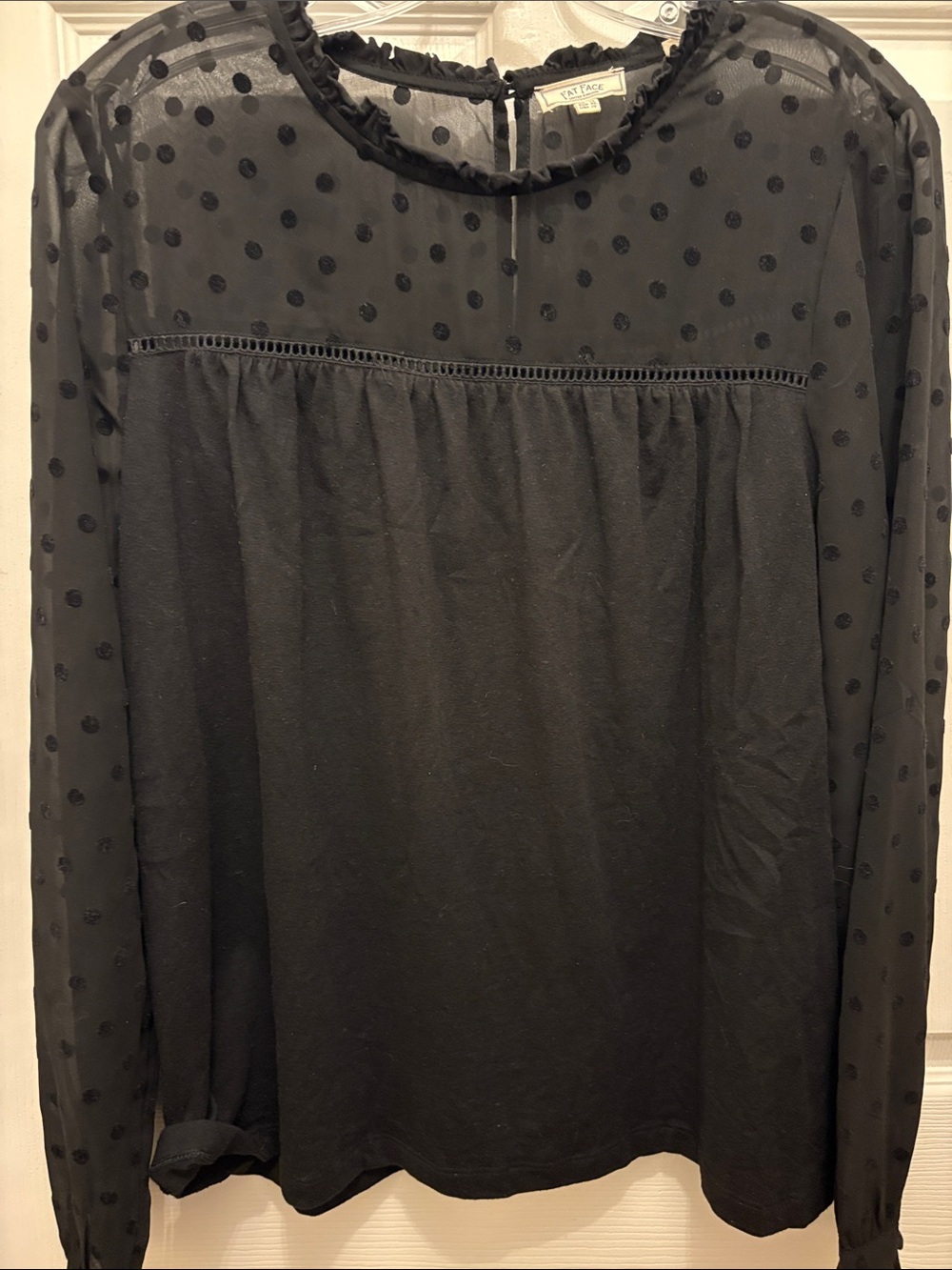 Fat Face Black Swiss Dot Long Sleeve Blouse with Ruffle Neck